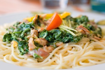 Noodles with spinach and chicken meat