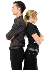 businesswoman and man standing back to back