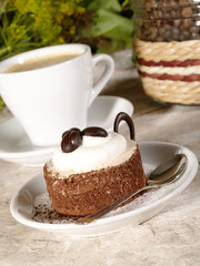 Morning in the village still-life. Coffee and sweet cake