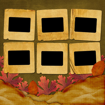 Old grunge card on the abstract background with autumn leaves.