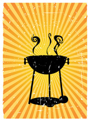 Silhouette bbq surrounded by beams sunny rays accented grunge