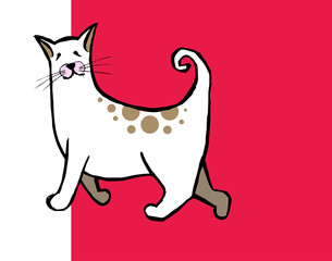 Cute cat with curly tail on red and white background