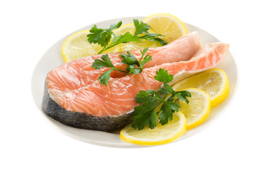 a closeup photo of a raw salmon steak