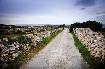 Stone wall lining a narrow country road