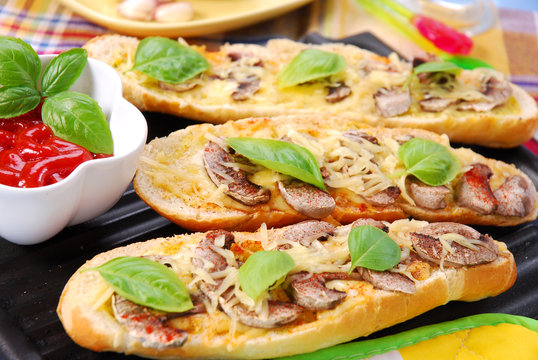 roasted baquette with cheese and mushrooms