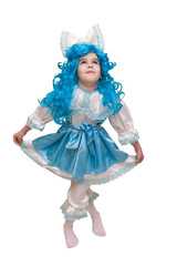 Beautiful little girl dressed up like a doll with turquoise hair