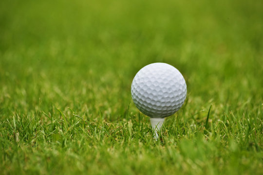 Golf ball in grass, close up