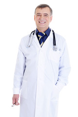 male doctor with stethoscope and in white hosital gown