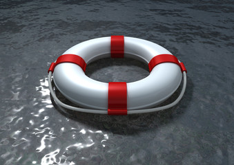 Red and white life belt on the sea