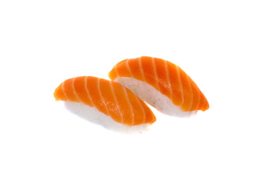 Pair of salmon sushi isolated on white