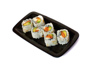 Six california rolls on a plate isolated on white