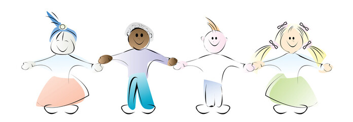 Happy kids holding hands, watercolor style vector