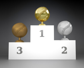 Baseball shaped trophies on a podium