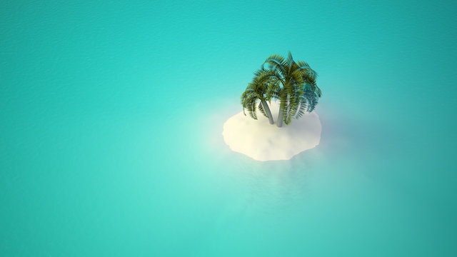 A lonely island with three palm trees in the middle of the ocean