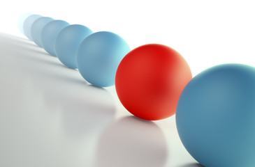 Raw of blue spheres with one unique red sphere in the middle