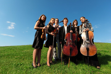 Six violinists stand on  grass against sky