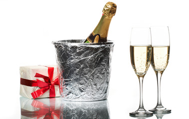 Champagne flutes and ice bucket