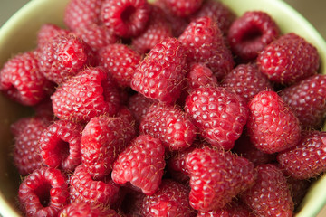 frische rote reife Himbeeren in einer grünen Schüssel