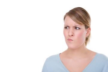 Full isolated portrait of a thinking caucasian woman