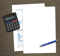 business workdesk with plain paper, calculator and pencil