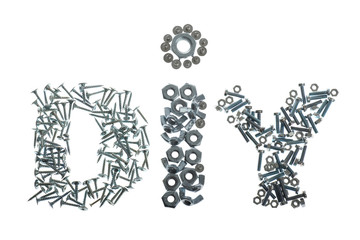 DIY label spelled out with screws, bolts and nuts isolated