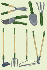 Collection of messy hand drawn gardening tools