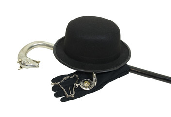 Bowler, cane and watch