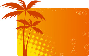 Orange background with palms, floral and halftone ornaments