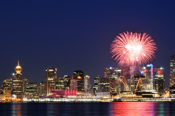 Downtown Vancouver with Canada Day Celebration fireworks