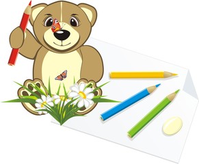 Bruin with pencils and chamomiles. Vector