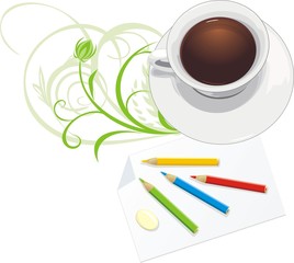 Cup and paper with pencils. Decorative composition. Vector