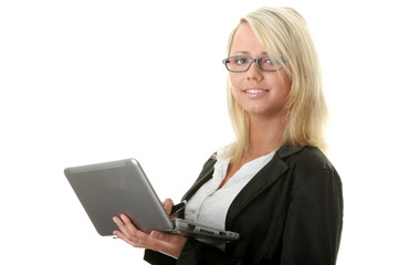 Business woman holding laptop