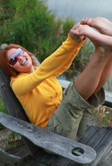 barefoot girl laughing