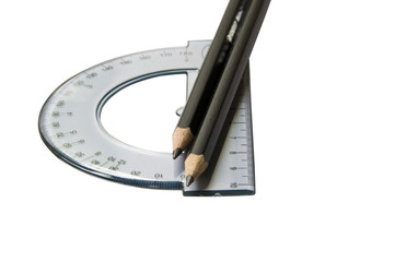 Protractor and pencils isolated on the white