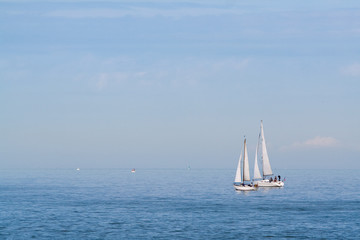 A pair of sailboats in the sea