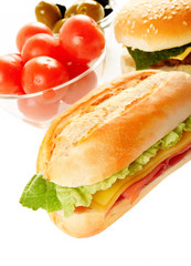 Couple hamburger, sandwich and ingredients.