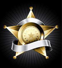 Golden sheriff badge design with a silver ribbon for text