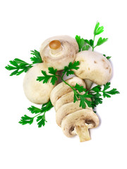 Cut of mushroom champignon with green parsley.Isolated