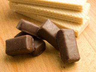 Wafers and chocolate candies. Shallow DOF.