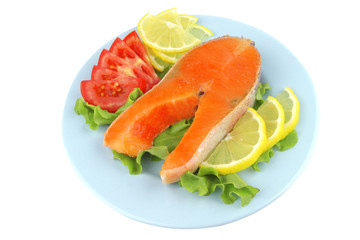 salmon steak on blue dish