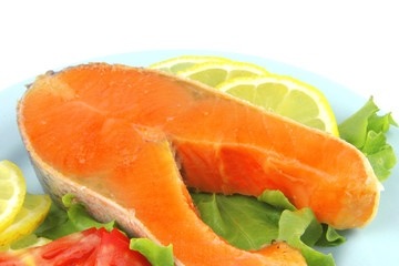 salmon steak on blue dish