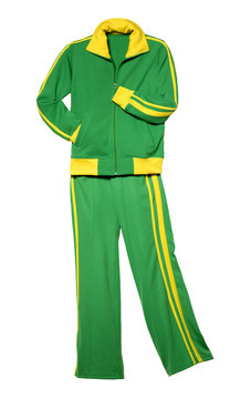 tracksuit sports suit green with yellow applications flat lay isolated on white