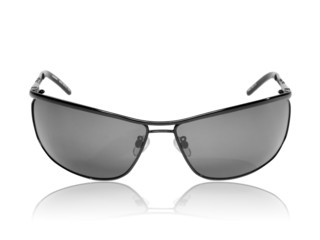 Black sunglasses isolated on white background with reflection.