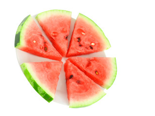 Slice of watermelon on white plate, isolated on white.