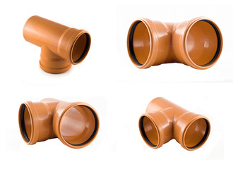 Collage of Plastic T-branch sewer pipe photos isolated