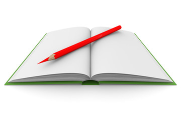 Opening book and pencil on white background. 3D image