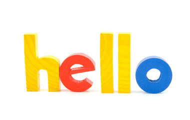 Word Hello in wooden colorful letters over white background