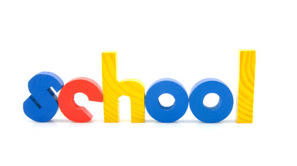 Word school in wooden colorful letters over white background