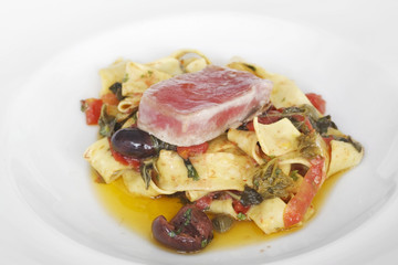 spaghetti and sushi fish with olive oil