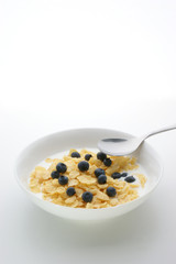 Muesli milk and blueberries in a white bowl
